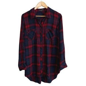 GO‎ SILK Women's Burgundy Red Navy Plaid Long Sleeve Button Down Shirt Top Large